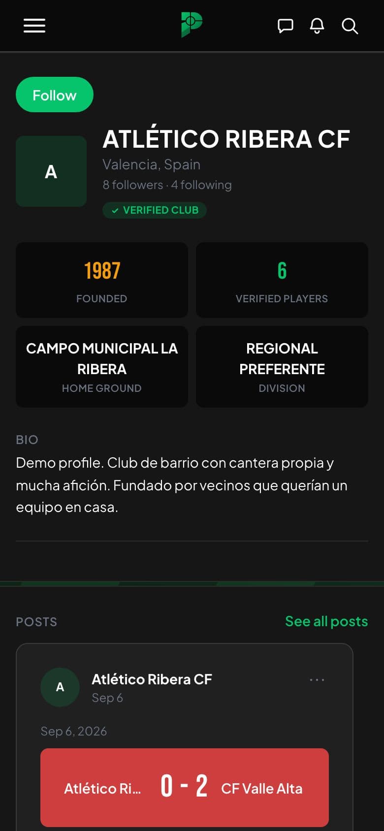 Screenshot of a club page with verified status, details and a match report.