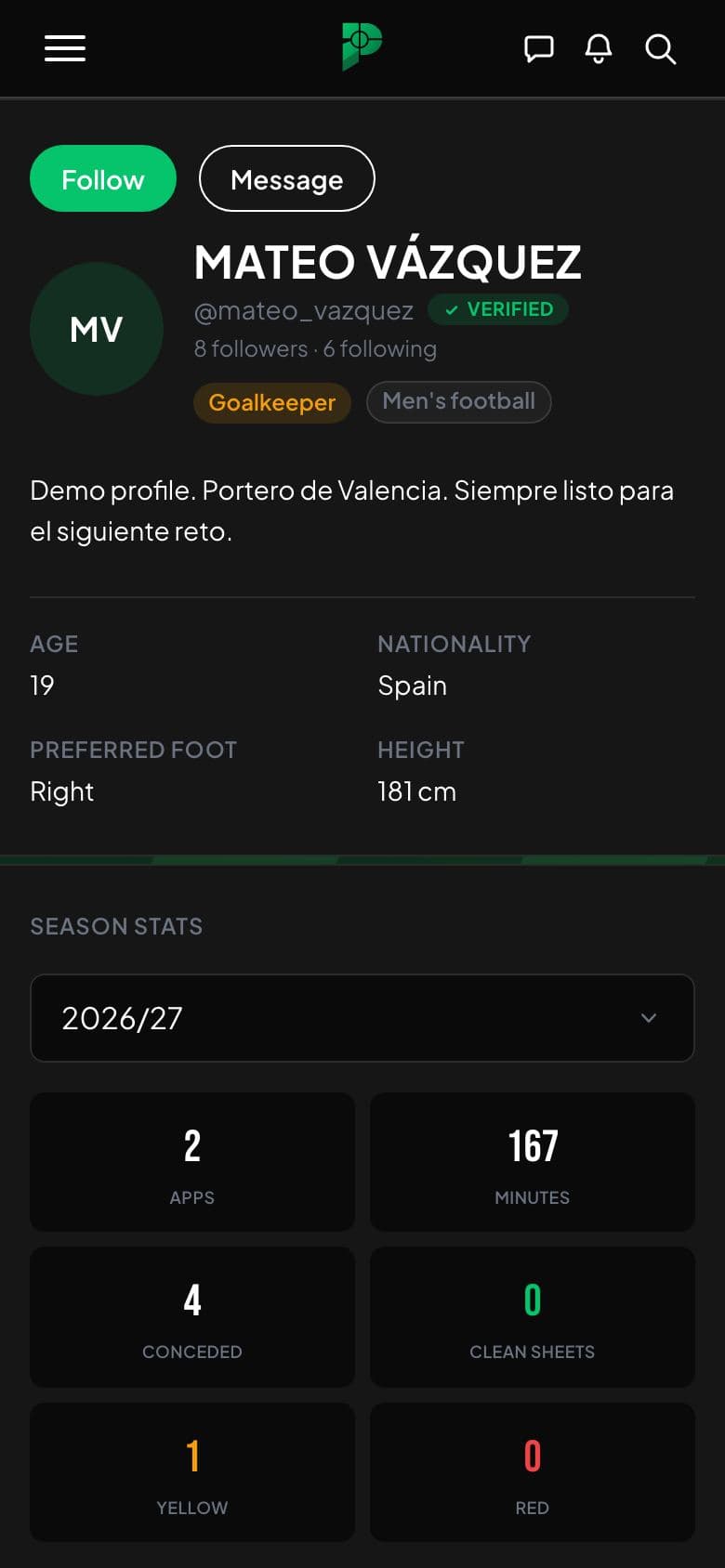 Screenshot of a player profile with a verified badge, position and basic details.