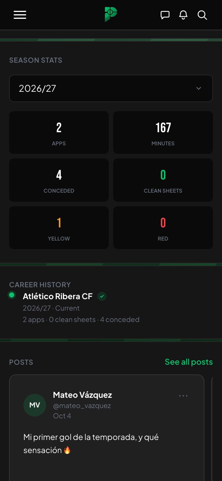 Screenshot of a player's season statistics and career history.