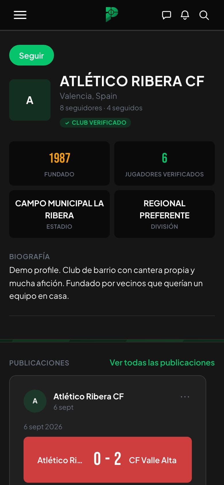 Captura de la página de un club con estado de verificado, datos y una crónica de partido.