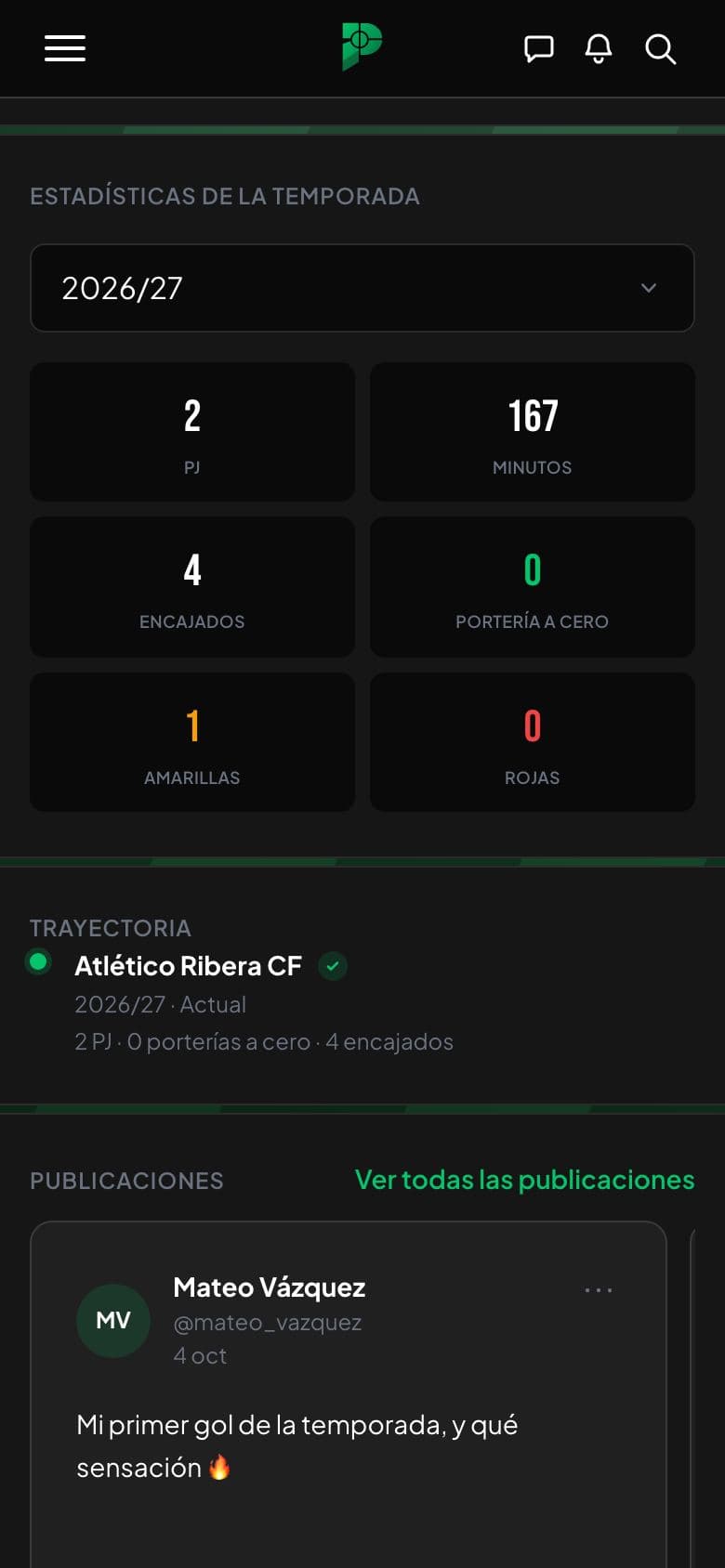 Captura de las estadísticas de la temporada y la trayectoria de un jugador.