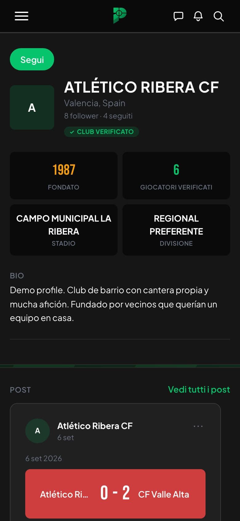 Screenshot della pagina di un club con stato di verificato, dati e un resoconto di partita.