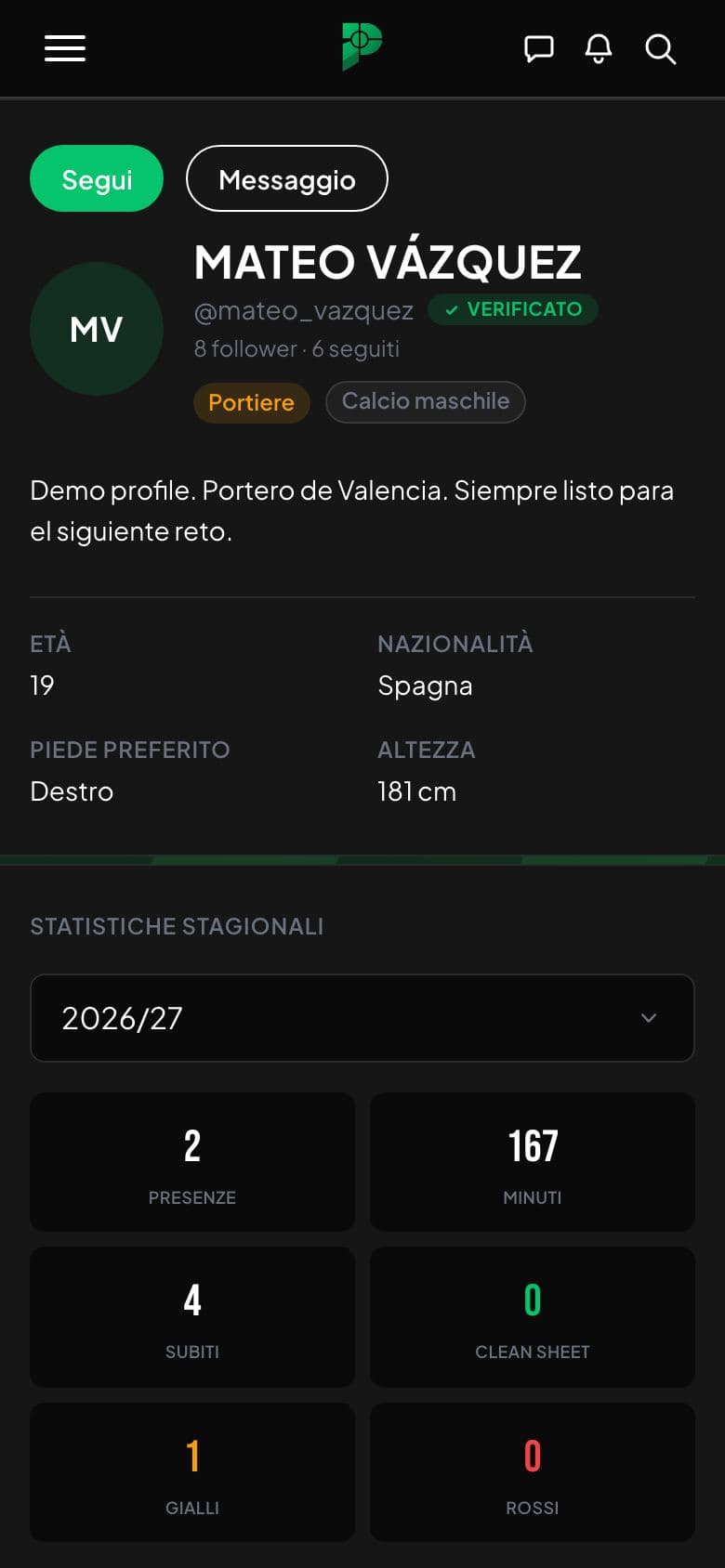 Screenshot di un profilo giocatore con badge di verificato, ruolo e dati di base.