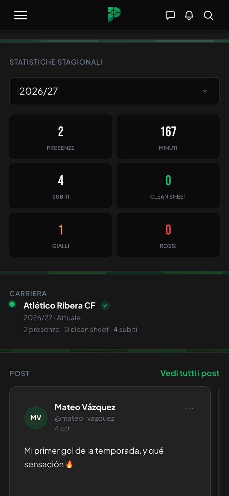 Screenshot delle statistiche stagionali e del percorso di un giocatore.